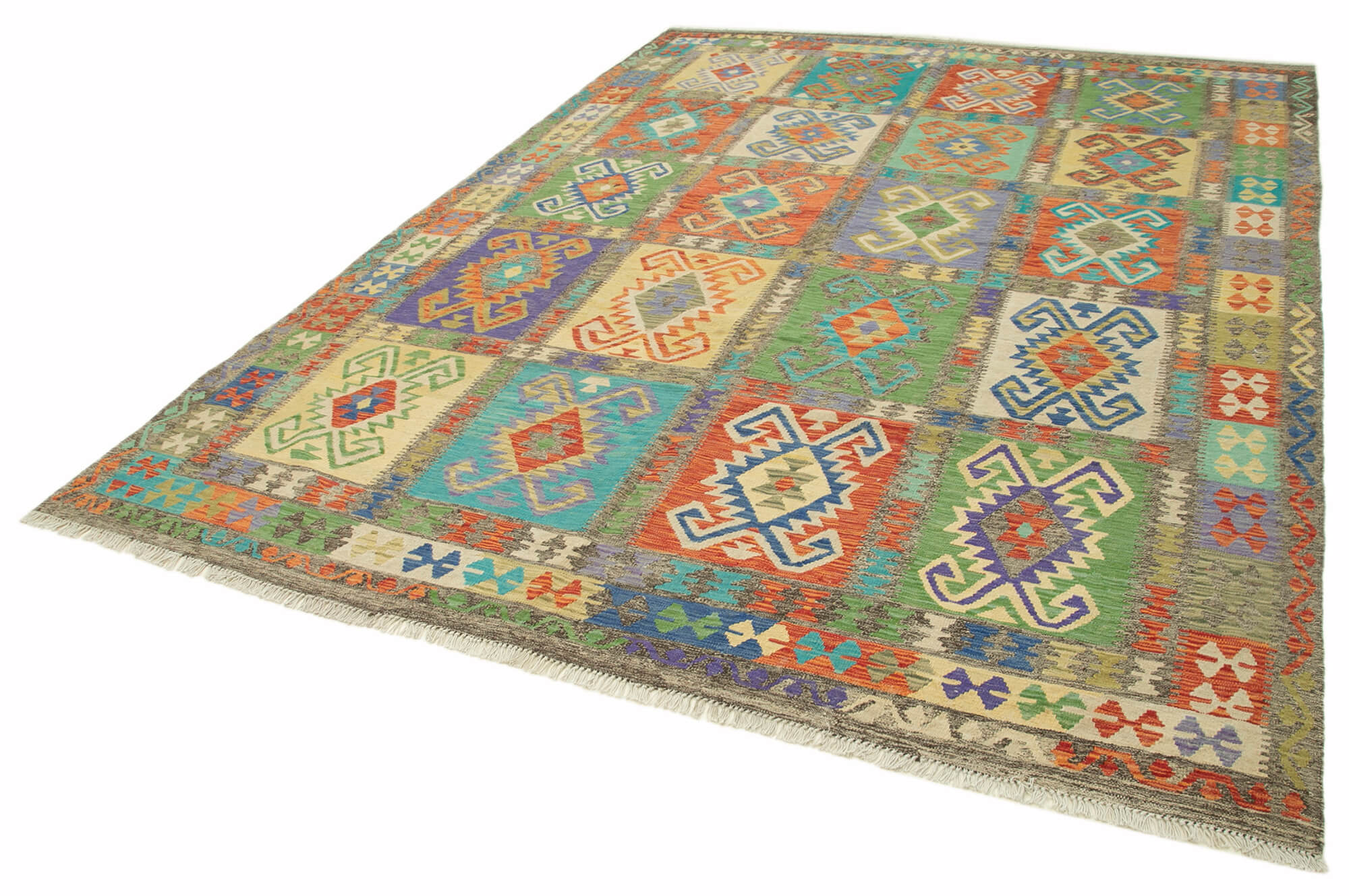 Scrap Yeşil Geometrik Pamuk Yün El Dokuma Halısı 262x344 Agacan