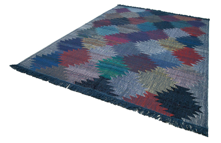 Scrap Mavi Geometrik Pamuk Yün El Dokuma Halısı 250x353 Agacan
