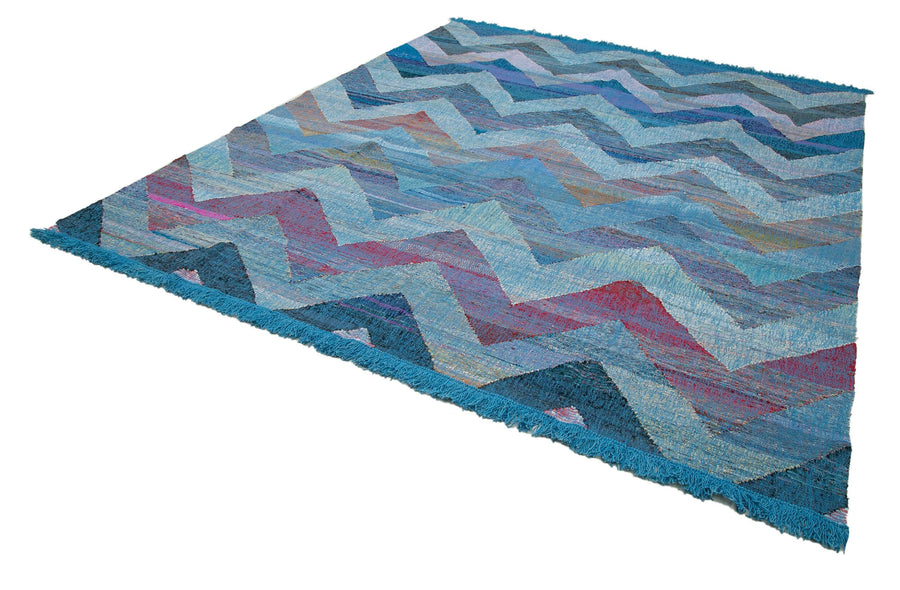 Scrap Mavi Geometrik Pamuk Yün El Dokuma Halısı 280x324 Agacan