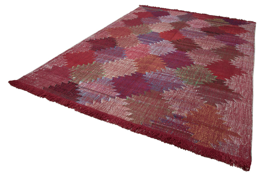 Scrap Kırmızı Geometrik Pamuk Yün El Dokuma Halısı 242x342 Agacan