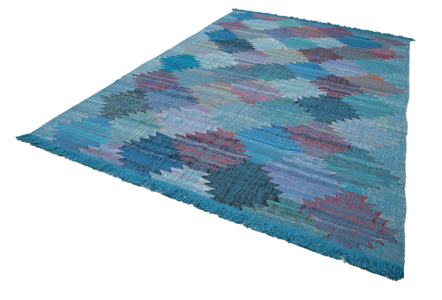 Scrap Mavi Geometrik Pamuk Yün El Dokuma Halısı 240x370 Agacan