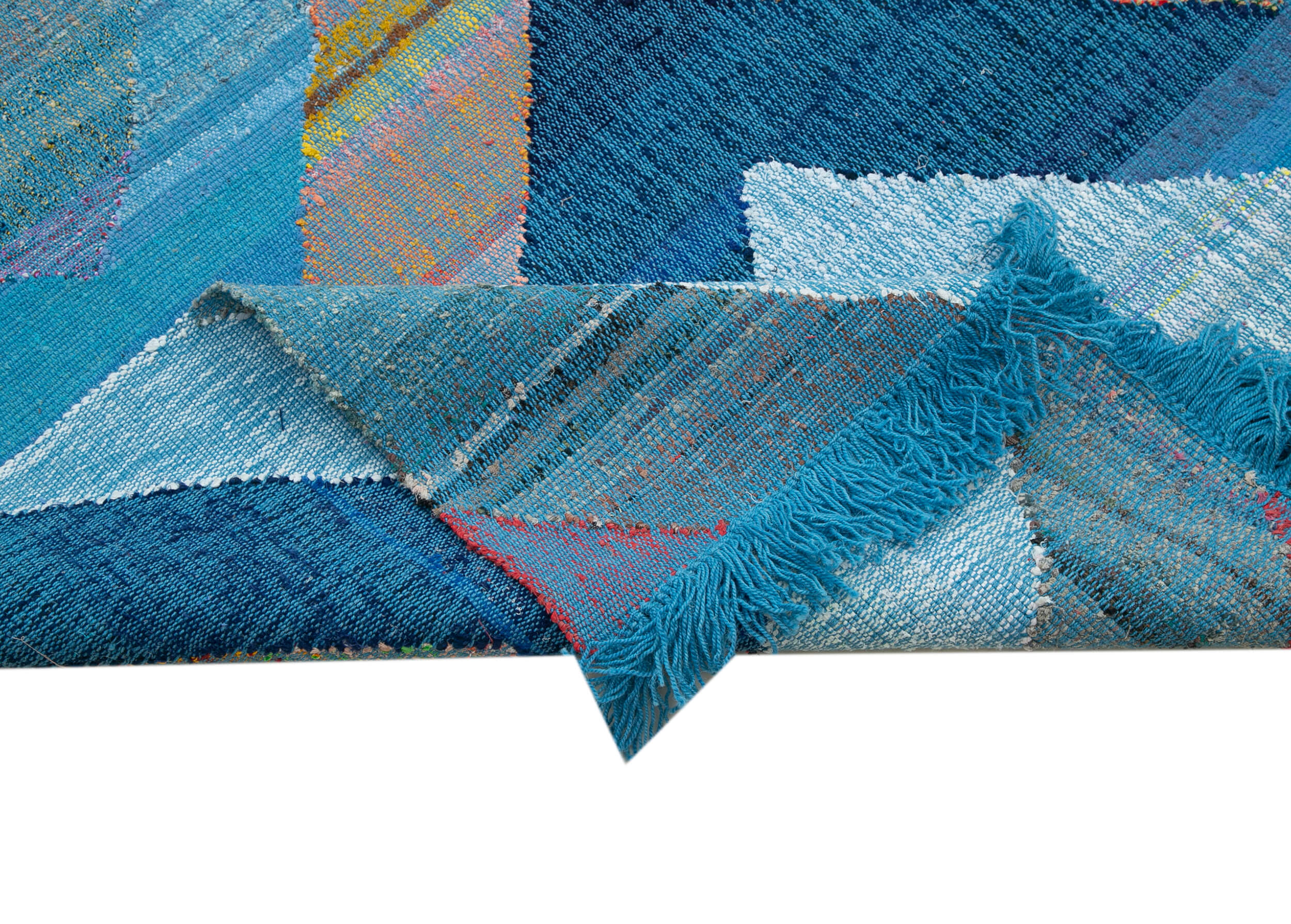 Scrap Mavi Geometrik Pamuk Yün El Dokuma Halısı 256x396 Agacan