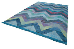 Scrap Mavi Geometrik Pamuk Yün El Dokuma Halısı 260x370 Agacan