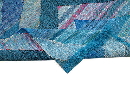 Scrap Mavi Geometrik Pamuk Yün El Dokuma Halısı 260x370 Agacan