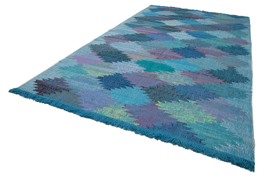 Scrap Mavi Geometrik Pamuk Yün El Dokuma Halısı 250x440 Agacan