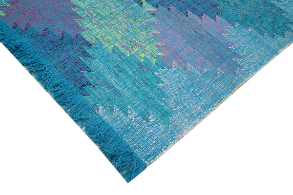 Scrap Mavi Geometrik Pamuk Yün El Dokuma Halısı 250x440 Agacan