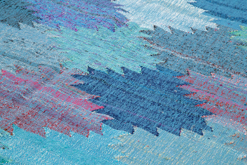 Scrap Mavi Geometrik Pamuk Yün El Dokuma Halısı 250x440 Agacan