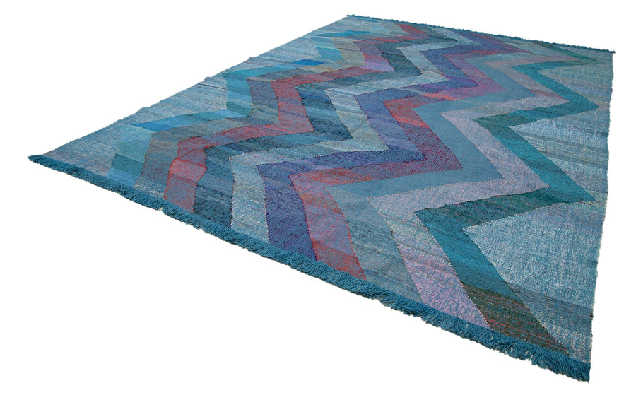 Scrap Mavi Geometrik Pamuk Yün El Dokuma Halısı 310x443 Agacan