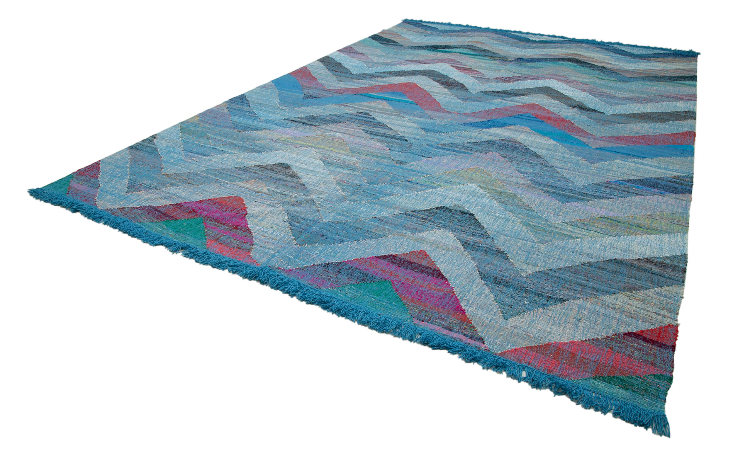 Scrap Mavi Geometrik Pamuk Yün El Dokuma Halısı 315x486 Agacan