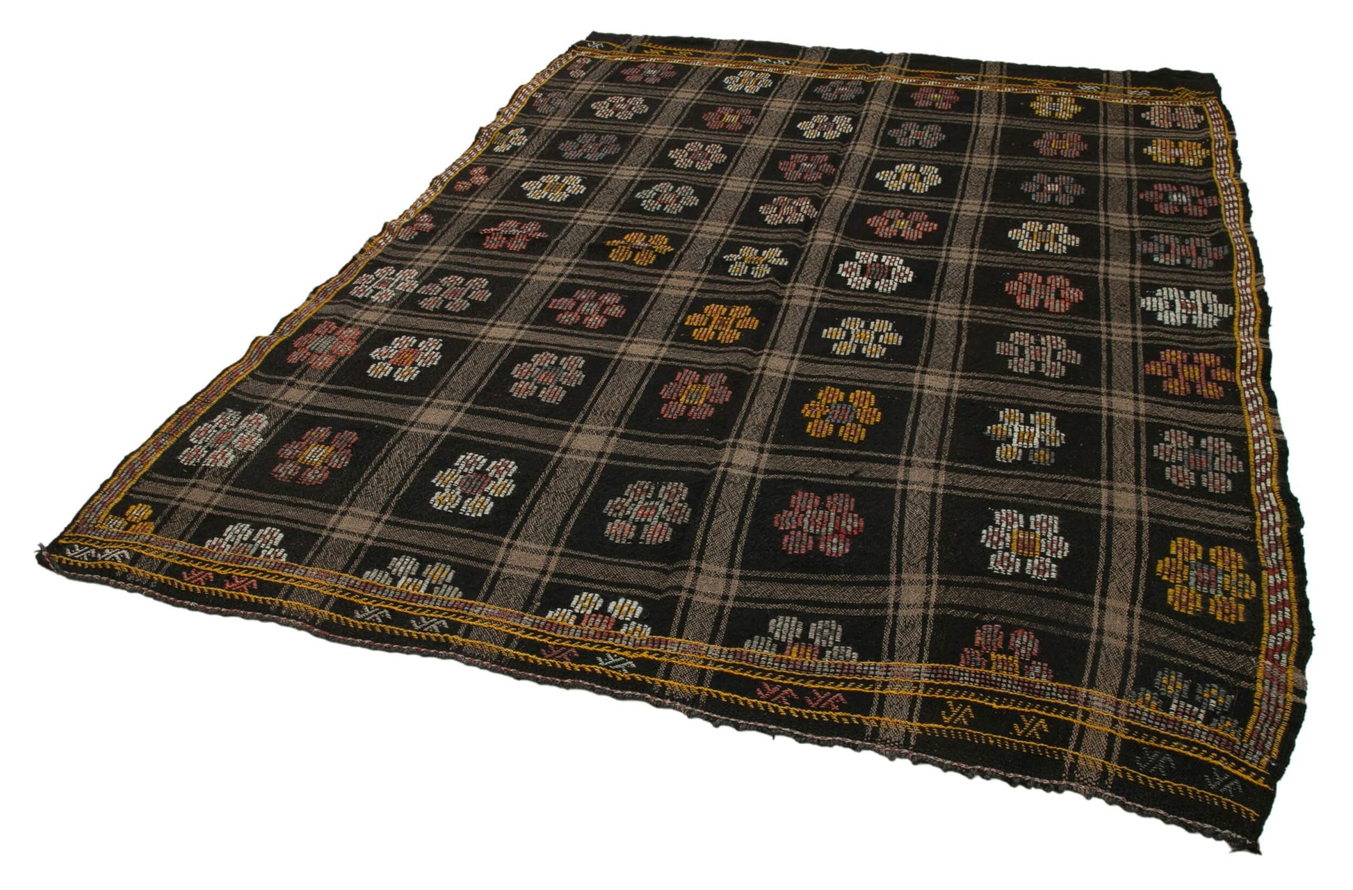 Geometric Kilim Kahverengi Geometrik Keçi Tüyü El Dokuma Halısı 197x245 Agacan