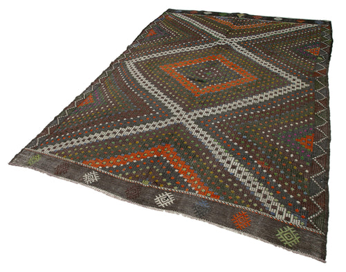 Geometric Kilim Kahverengi Geometrik Keçi Tüyü El Dokuma Halısı 185x296 Agacan