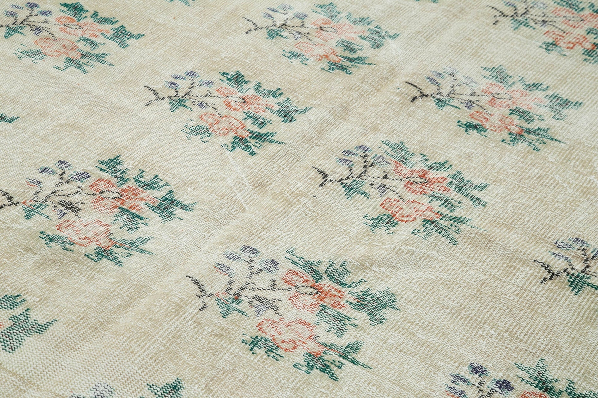 Vintage Bej Eskitme Pamuk Yün El Dokuma Halısı 202x284 Agacan