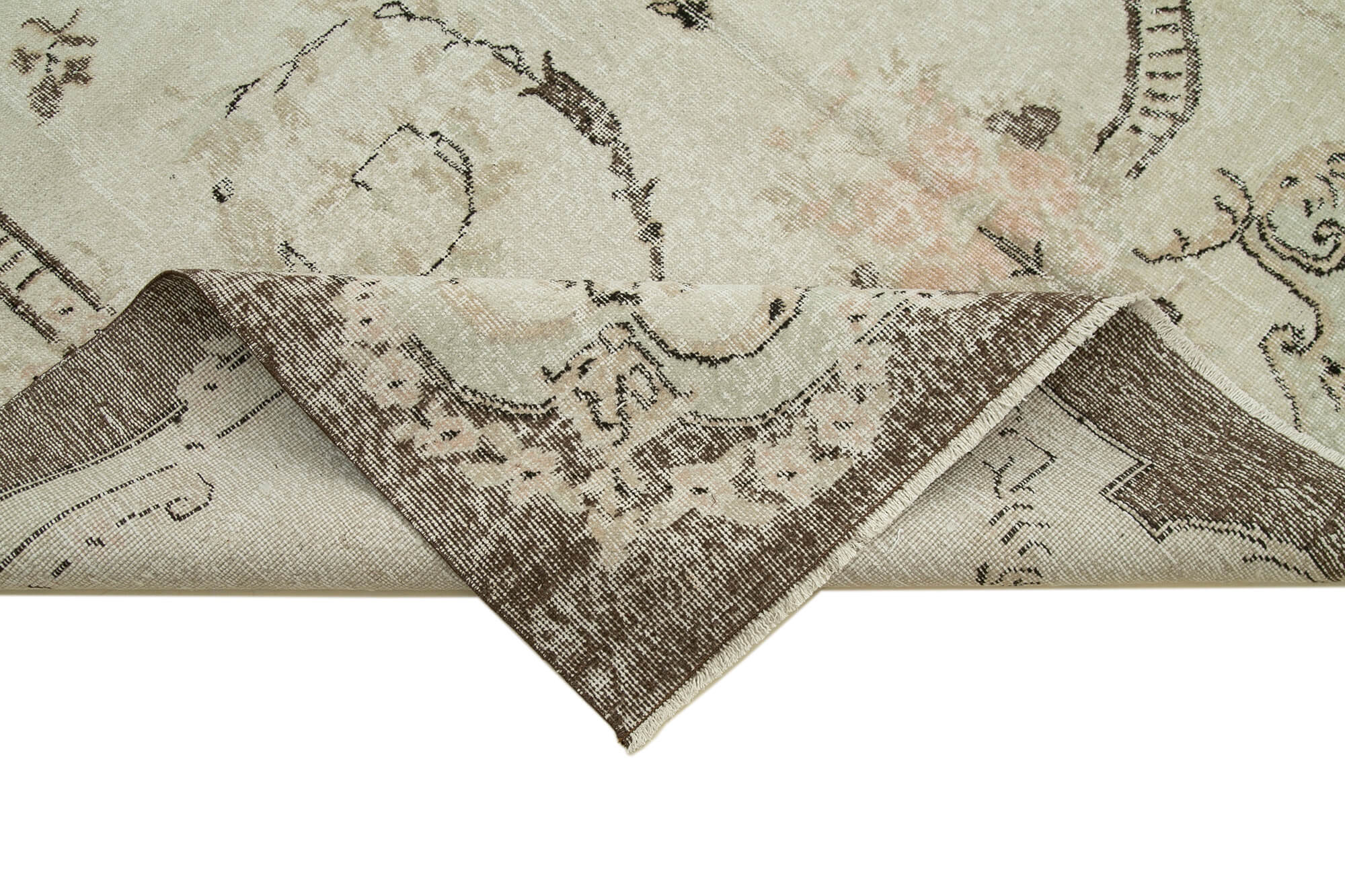 Vintage Bej Eskitme Pamuk Yün El Dokuma Halısı 195x303 Agacan