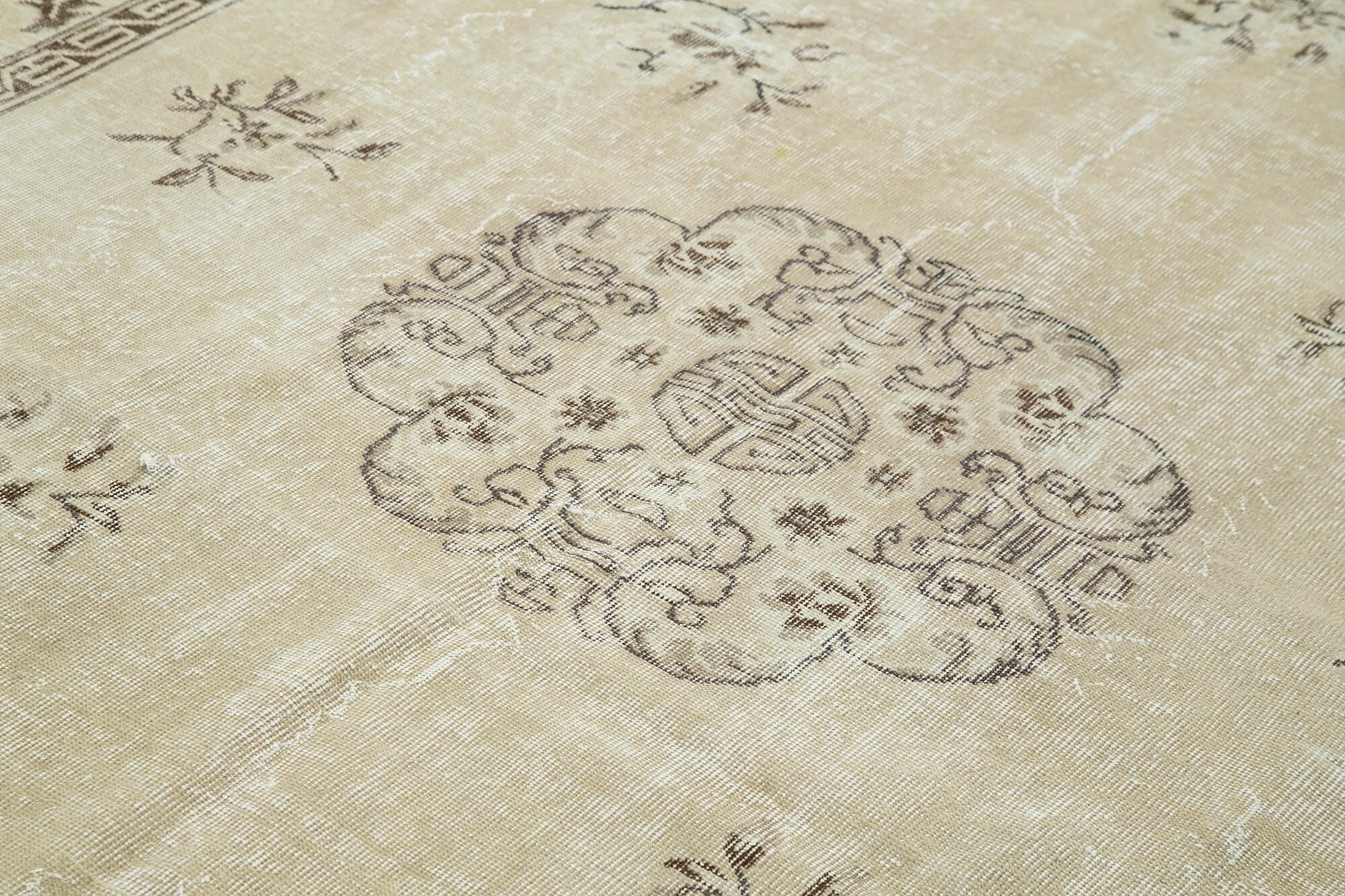 Vintage Bej Eskitme Pamuk Yün El Dokuma Halısı 208x298 Agacan