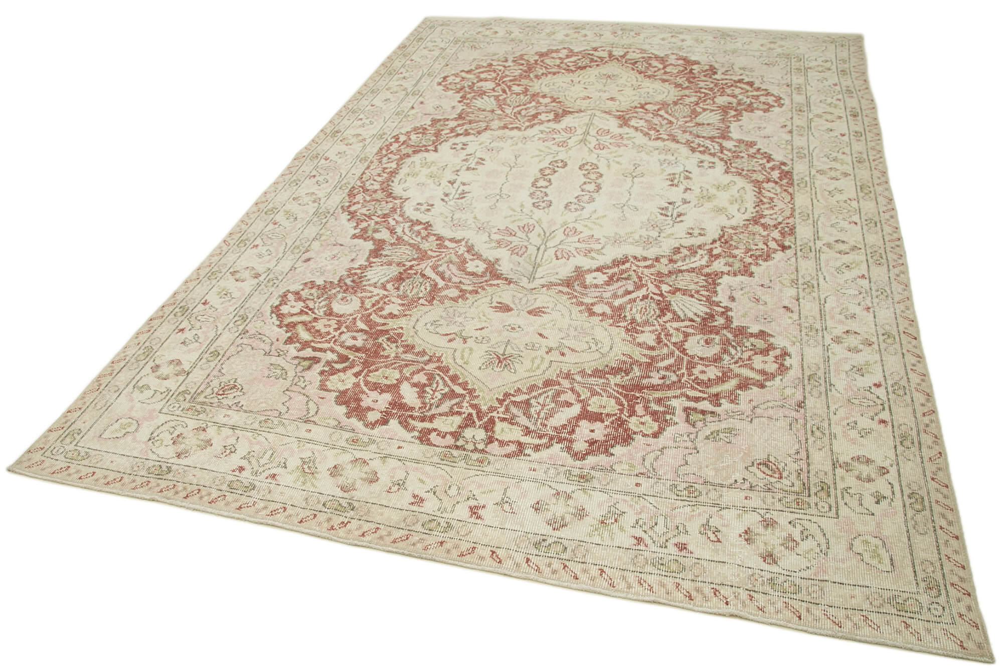 Vintage Bej Eskitme Pamuk Yün El Dokuma Halısı 194x300 Agacan