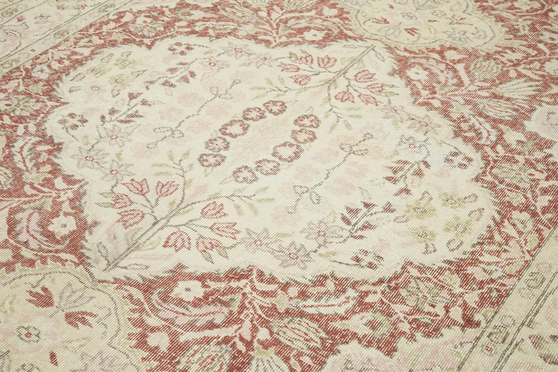 Vintage Bej Eskitme Pamuk Yün El Dokuma Halısı 194x300 Agacan