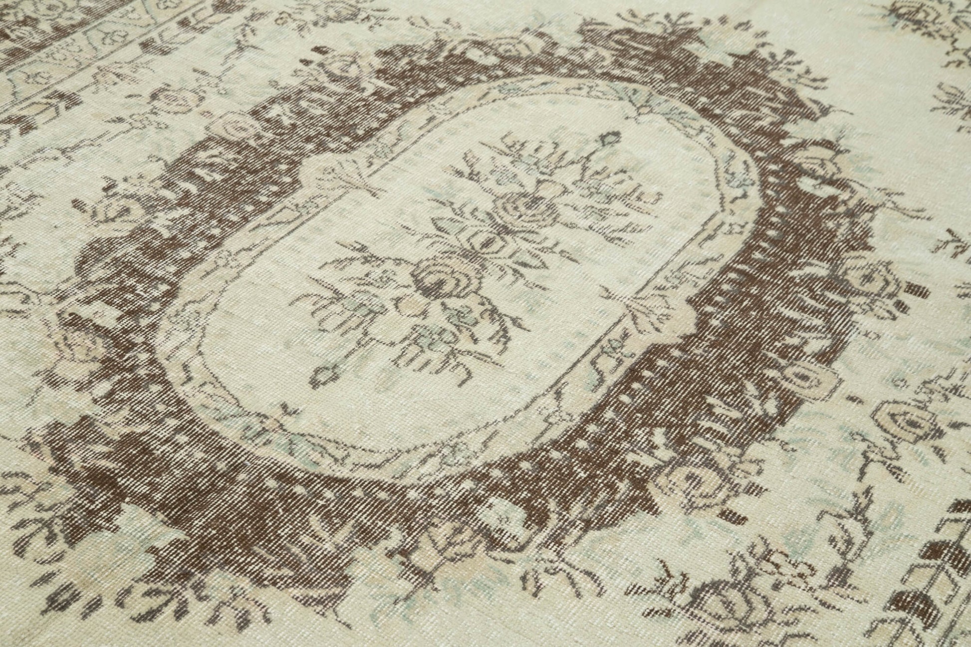 Vintage Bej Eskitme Pamuk Yün El Dokuma Halısı 213x308 Agacan