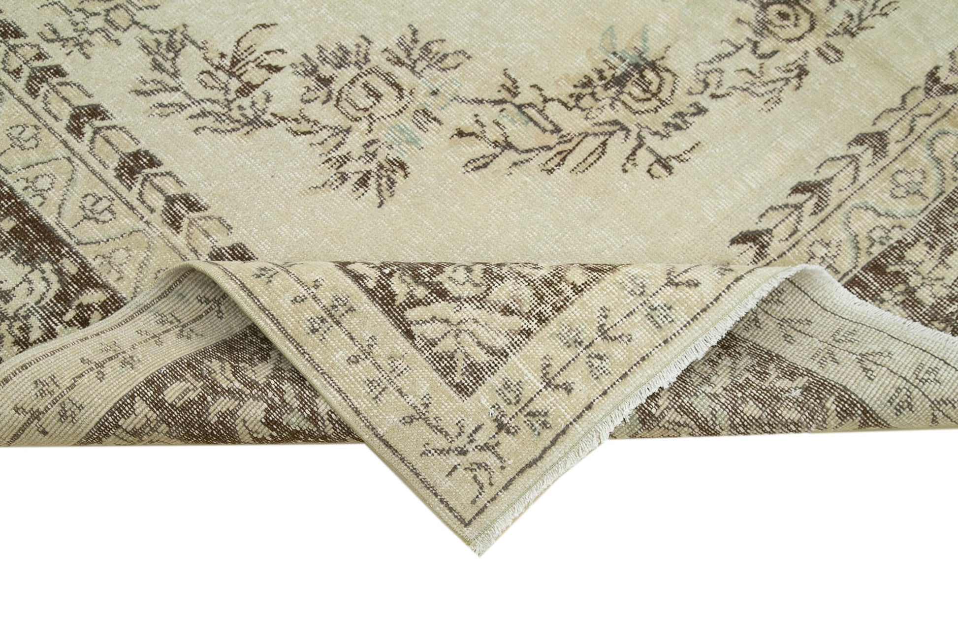 Vintage Bej Eskitme Pamuk Yün El Dokuma Halısı 213x308 Agacan