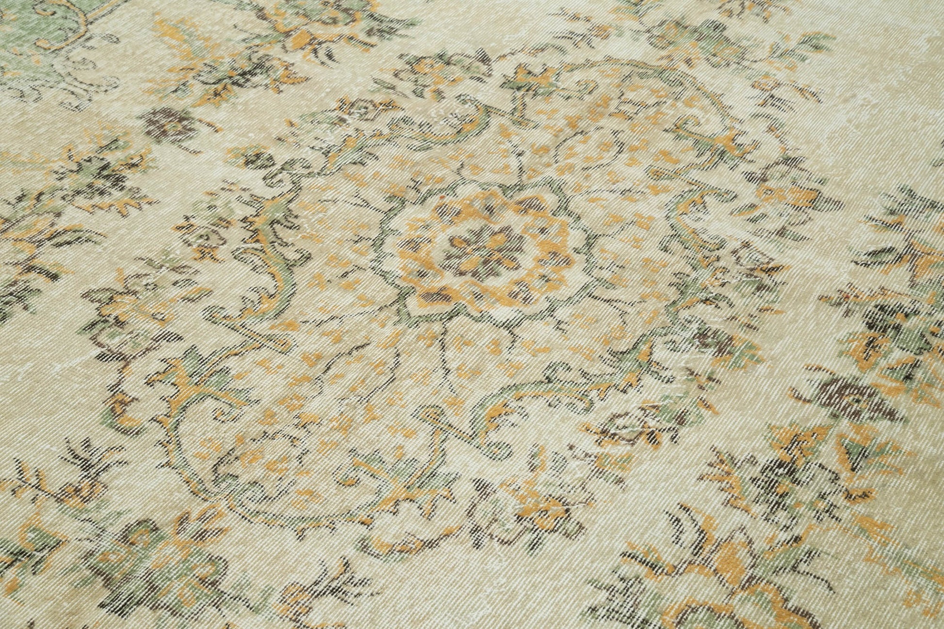 Vintage Bej Eskitme Pamuk Yün El Dokuma Halısı 196x332 Agacan