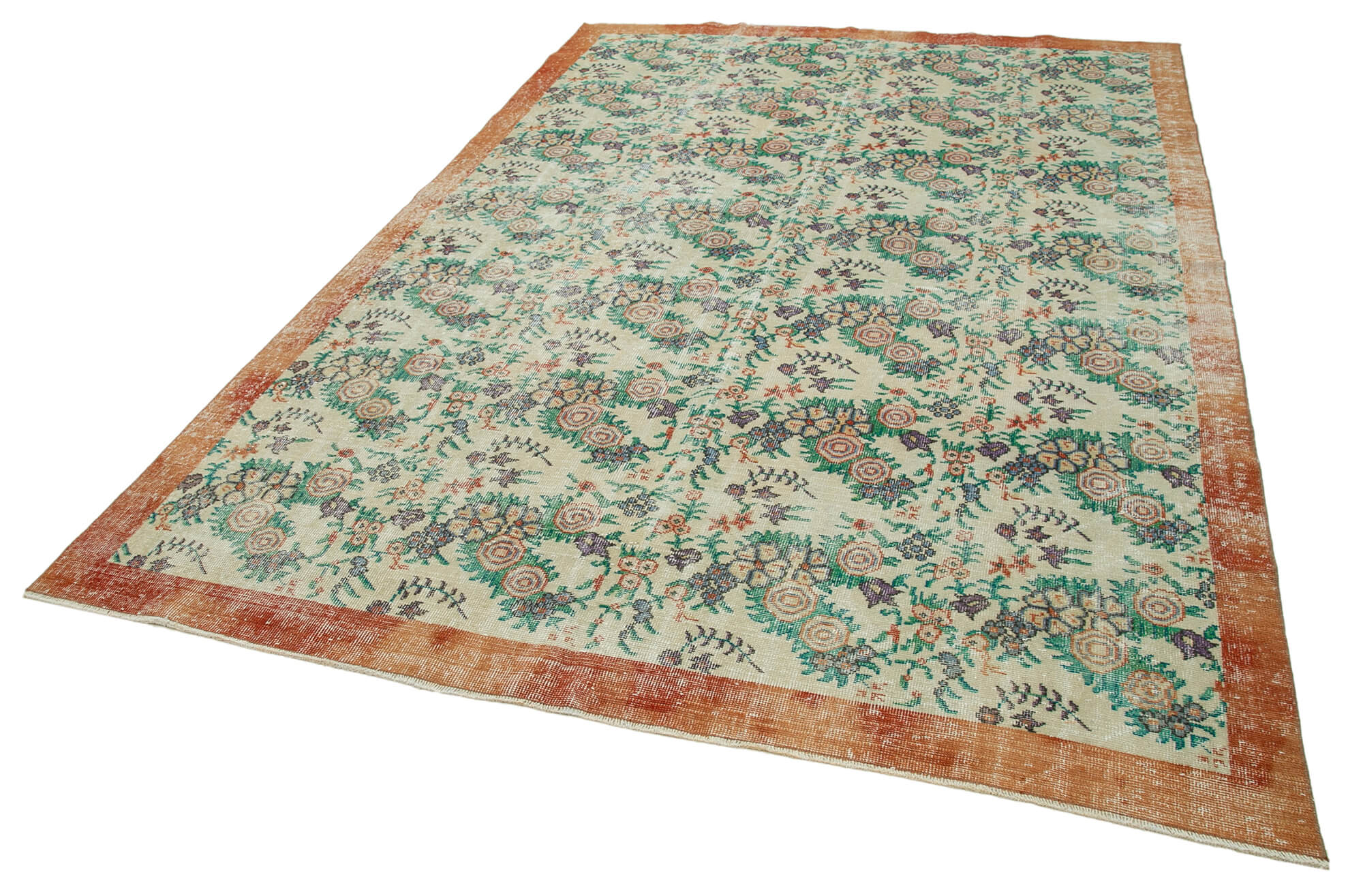 Vintage Bej Eskitme Pamuk Yün El Dokuma Halısı 212x316 Agacan