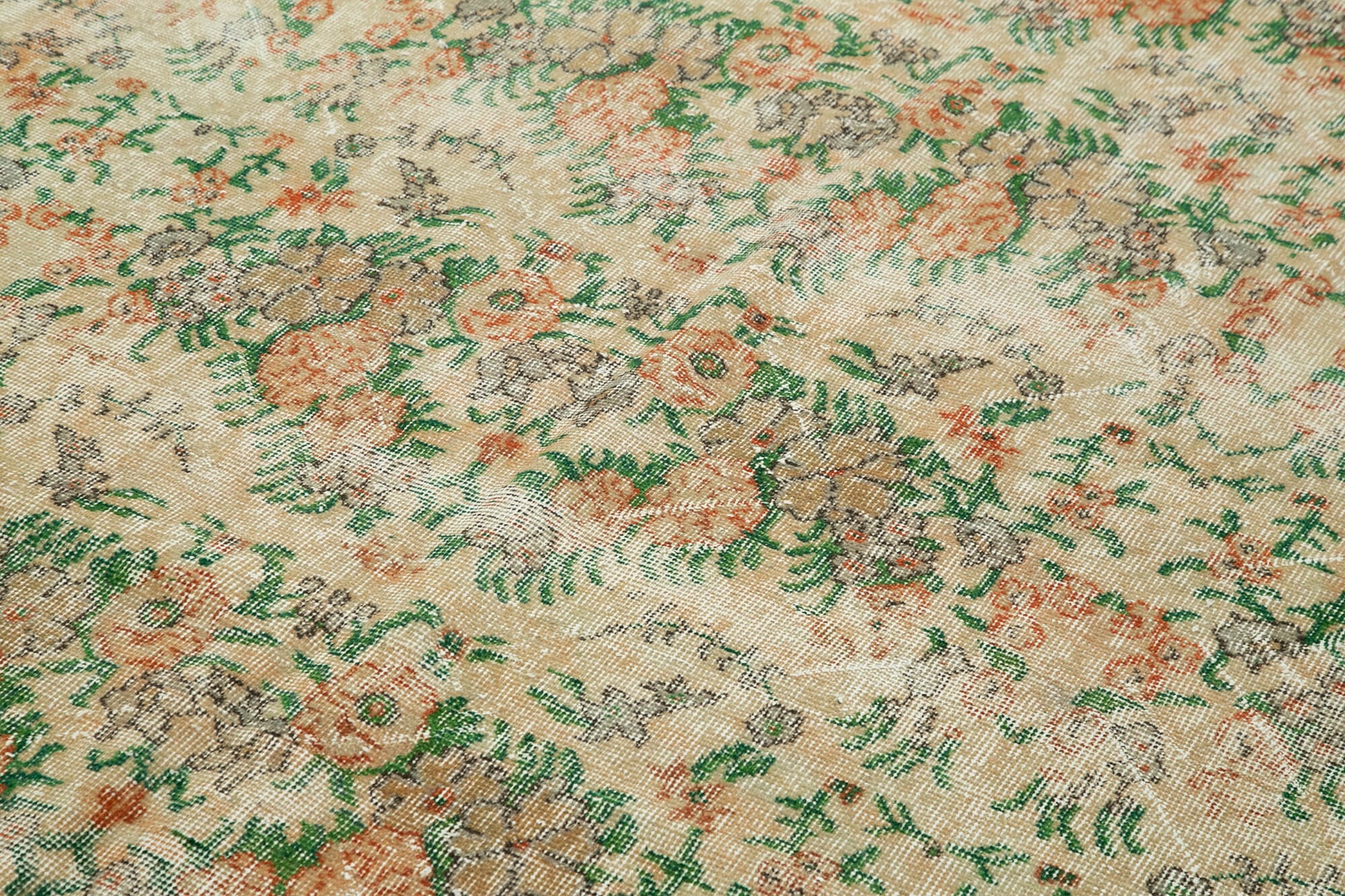 Vintage Bej Eskitme Pamuk Yün El Dokuma Halısı 213x328 Agacan