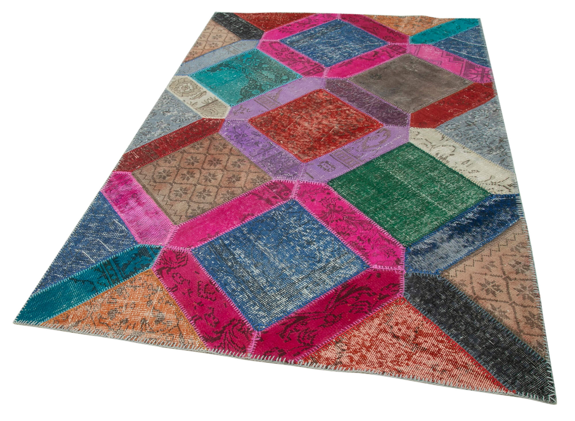 Kırk Yama Mavi Patchwork Pamuk Yün El Dokuma Halısı 159x243 Agacan