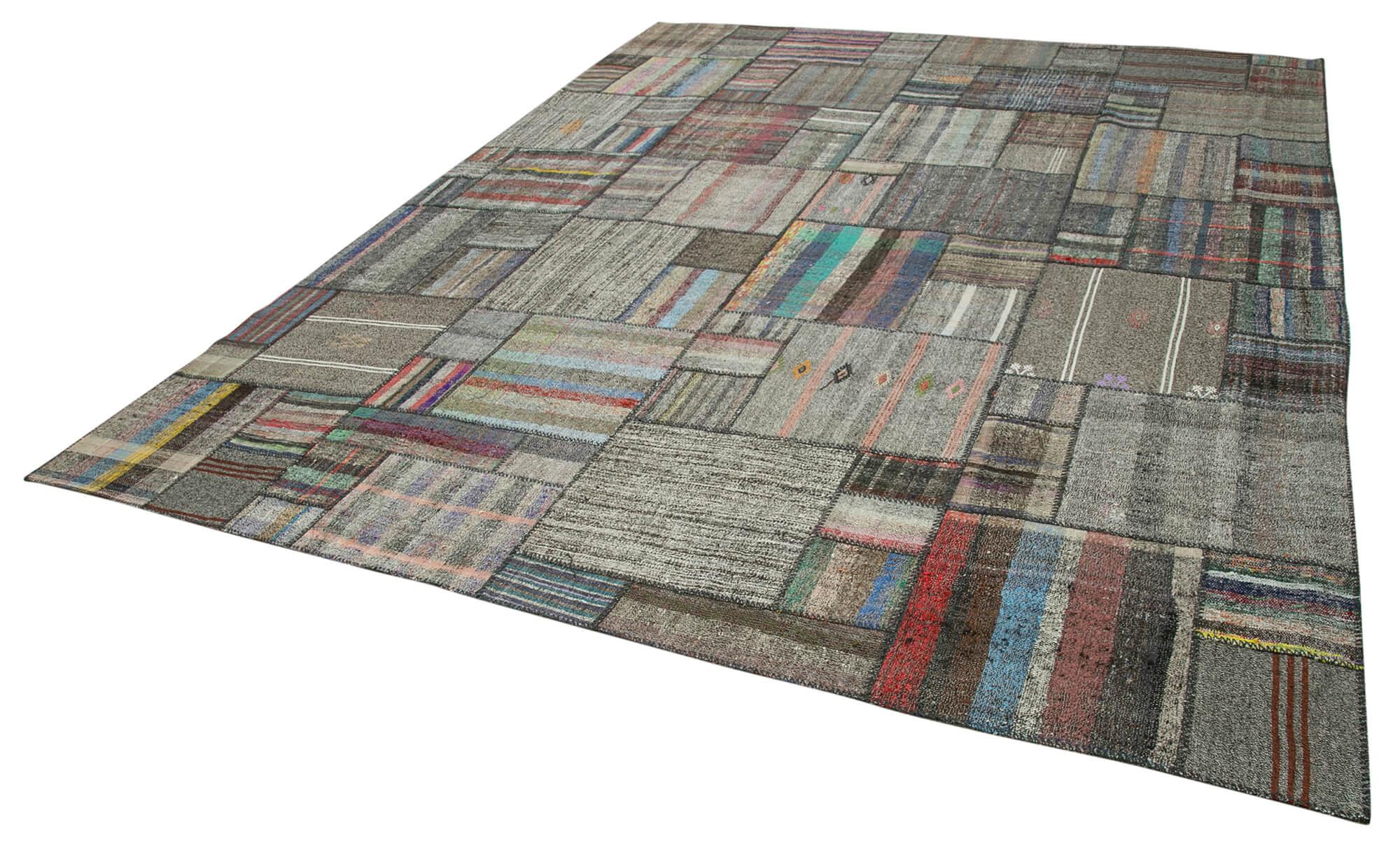 Kırk Yama Gri Patchwork Pamuk Yün El Dokuma Halısı 326x410 Agacan