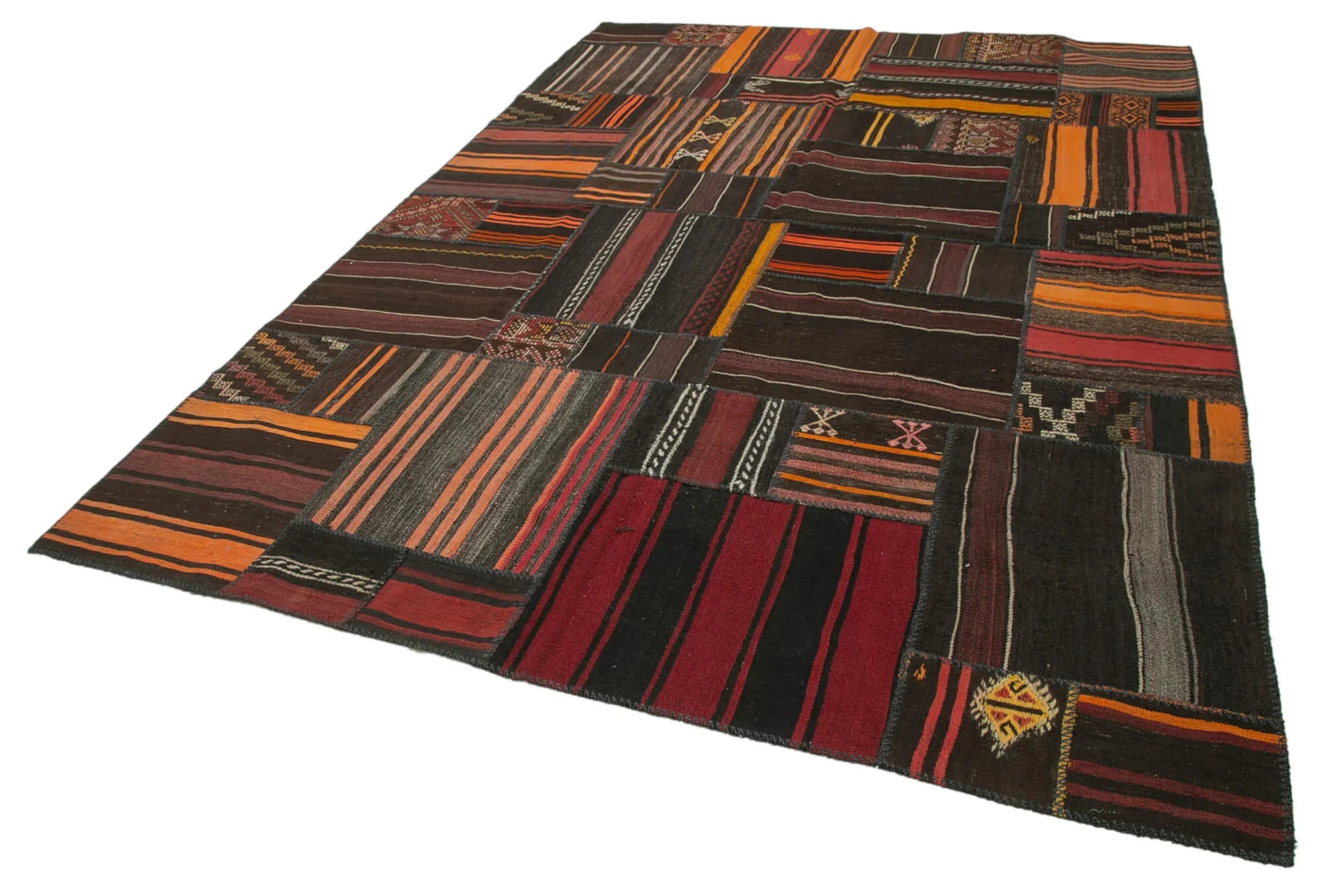 Kırk Yama Siyah Patchwork Pamuk Yün El Dokuma Halısı 224x331 Agacan