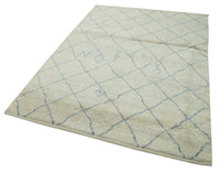 Cream and Blue Geometric Hand-Knotted Wool Rug 152x213 cm (5' x 7')