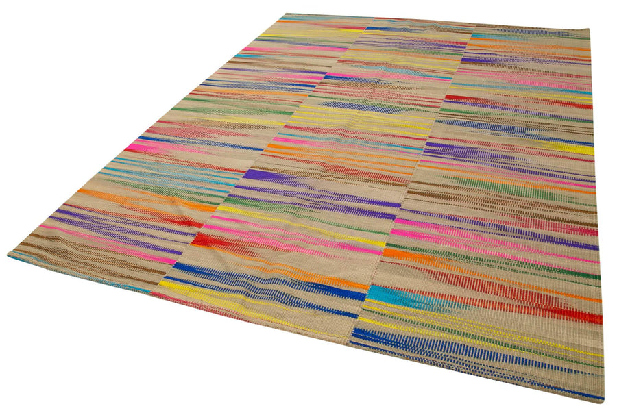 Degrade Kilim Beyaz Çizgili Pamuk Yün El Dokuma Halısı 209x283 Agacan