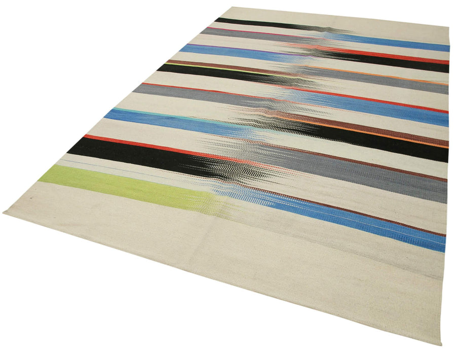 Degrade Kilim Beyaz Çizgili Pamuk Yün El Dokuma Halısı 184x279 Agacan