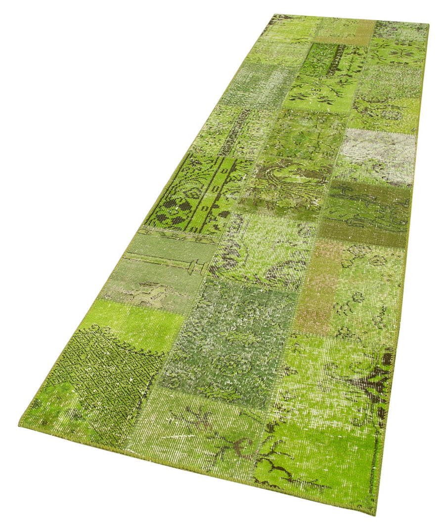 Kırk Yama Yeşil Patchwork Pamuk Yün El Dokuma Halısı 86x303 Agacan