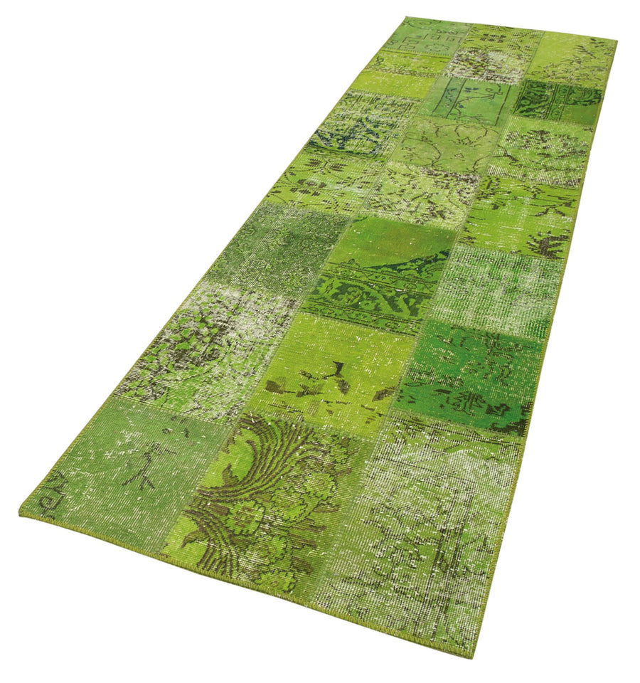 Kırk Yama Yeşil Patchwork Pamuk Yün El Dokuma Halısı 86x300 Agacan
