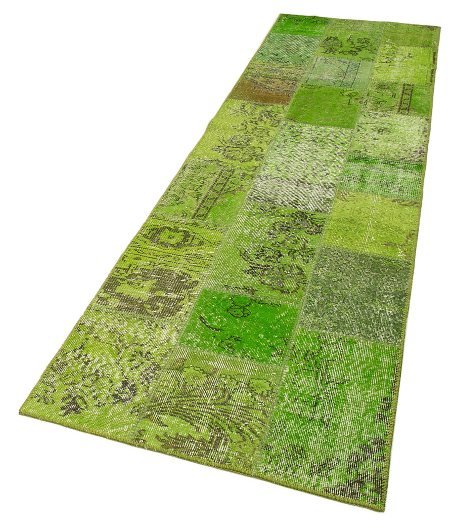 Kırk Yama Yeşil Patchwork Pamuk Yün El Dokuma Halısı 86x300 Agacan