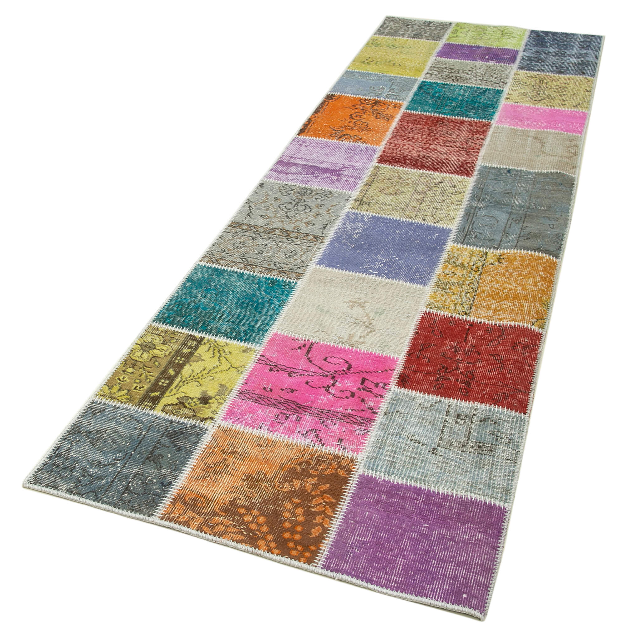 Kırk Yama Mavi Patchwork Pamuk Yün El Dokuma Halısı 91x300 Agacan