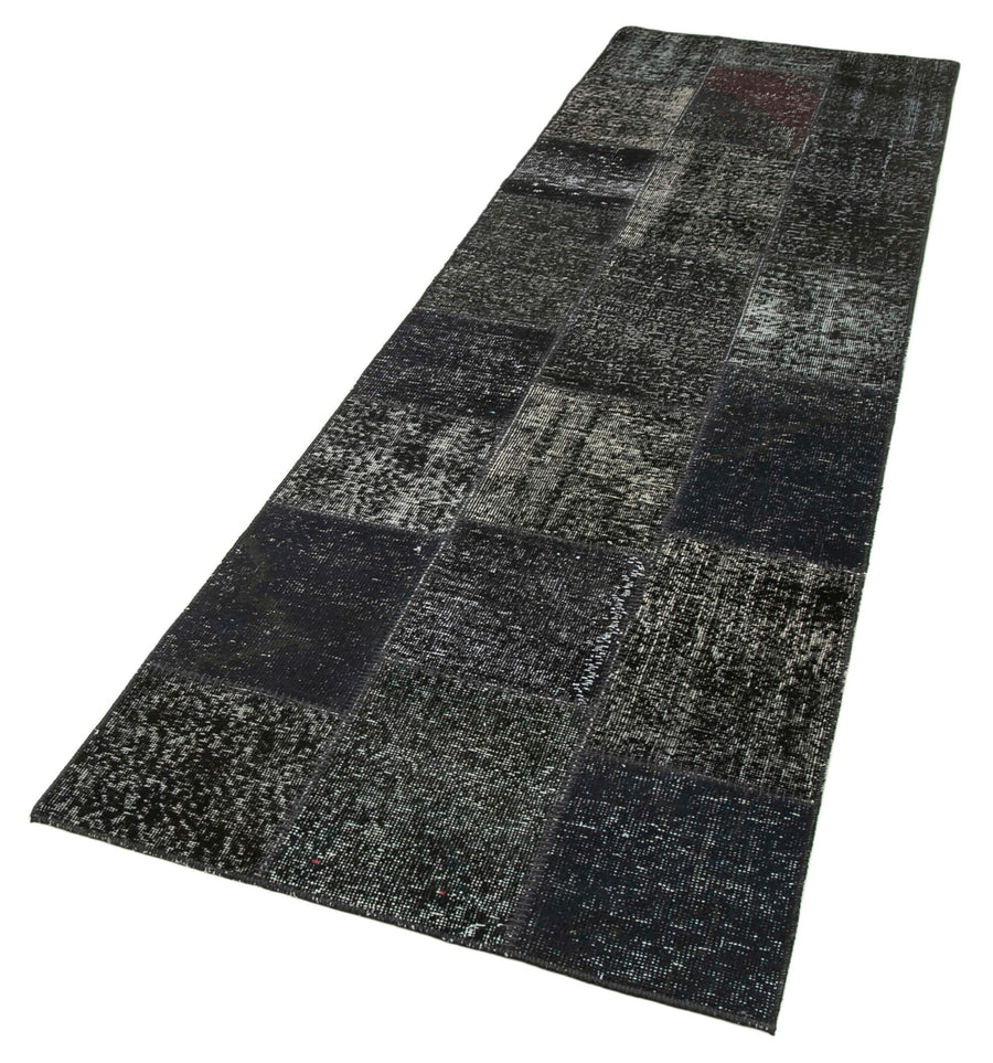 Kırk Yama Siyah Patchwork Pamuk Yün El Dokuma Halısı 86x300 Agacan