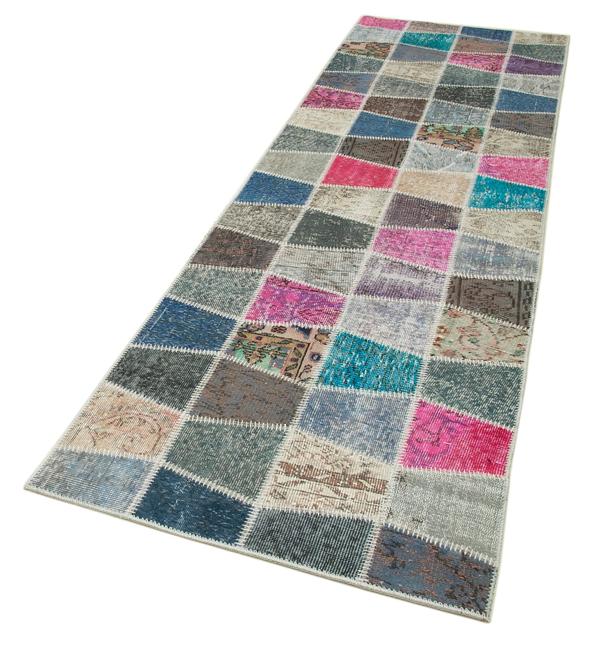 Kırk Yama Mavi Patchwork Pamuk Yün El Dokuma Halısı 89x304 Agacan