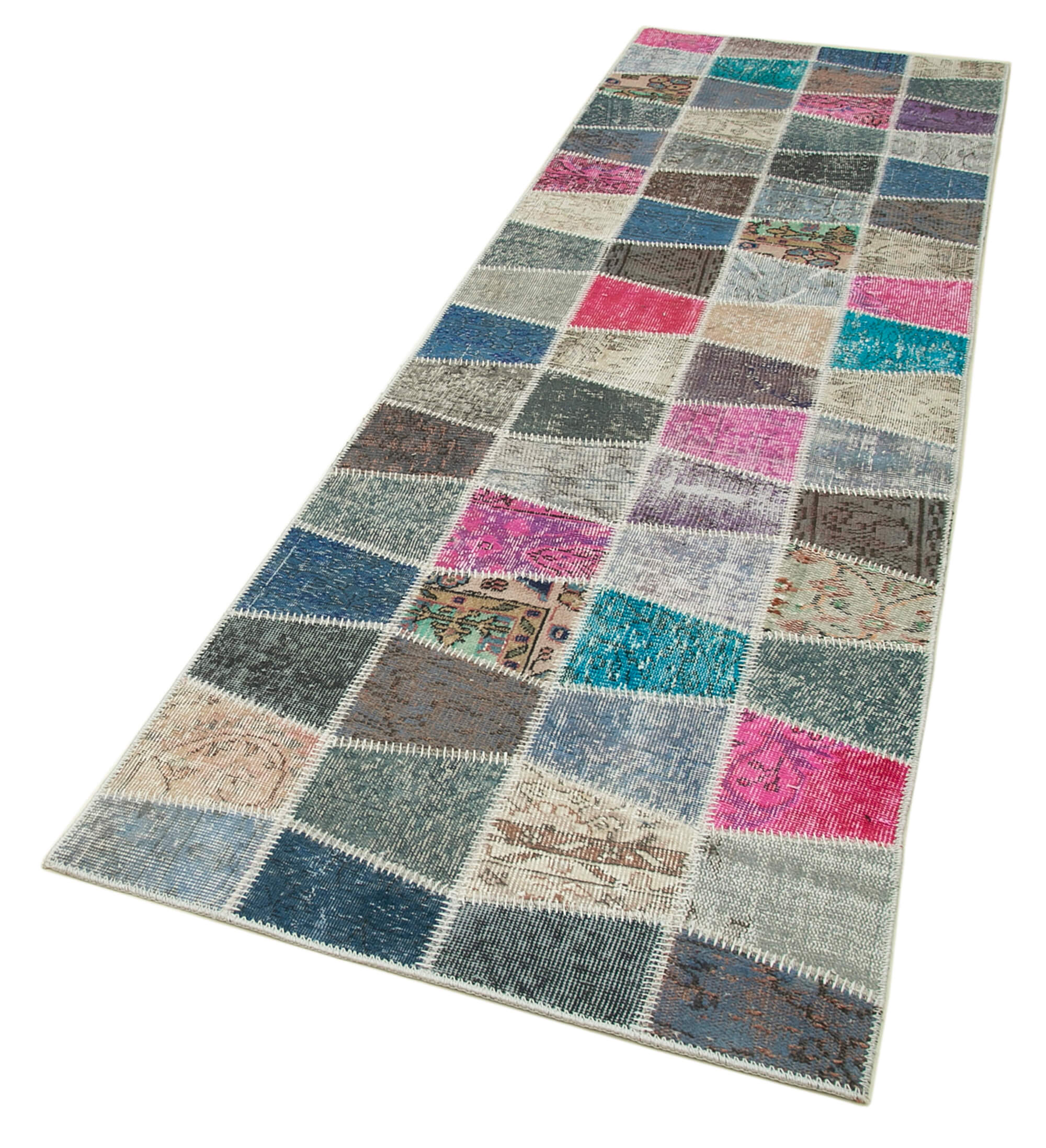 Kırk Yama Mavi Patchwork Pamuk Yün El Dokuma Halısı 89x304 Agacan