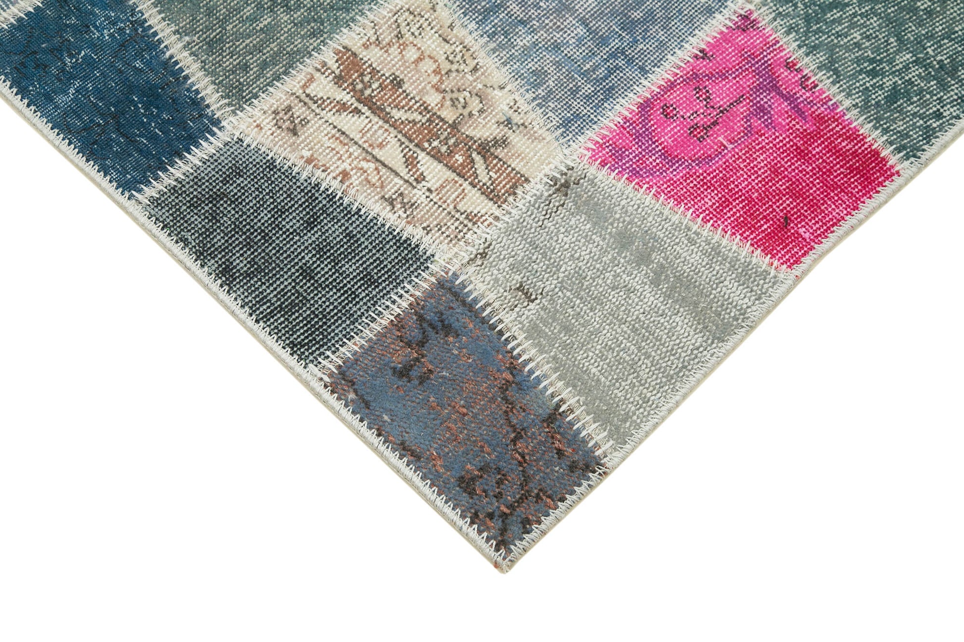 Kırk Yama Mavi Patchwork Pamuk Yün El Dokuma Halısı 89x304 Agacan