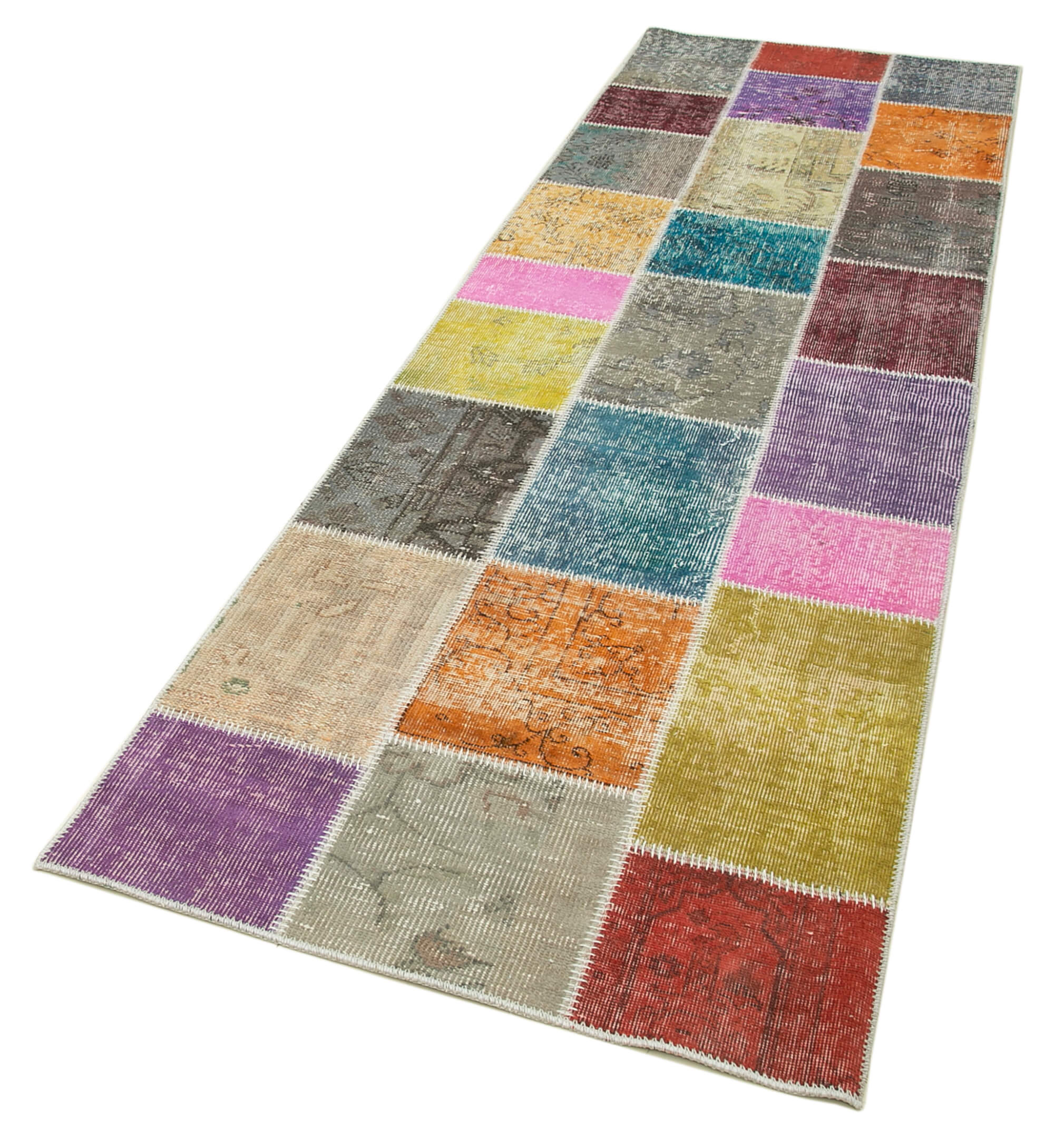 Kırk Yama Mavi Patchwork Pamuk Yün El Dokuma Halısı 91x300 Agacan