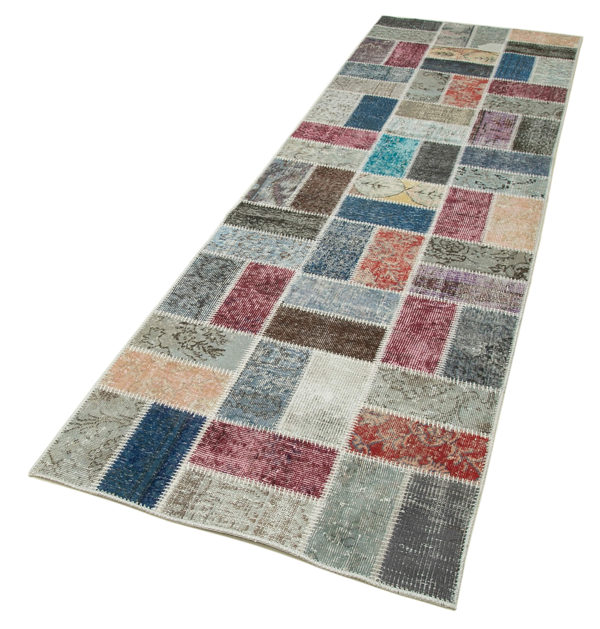 Kırk Yama Mavi Patchwork Pamuk Yün El Dokuma Halısı 88x298 Agacan