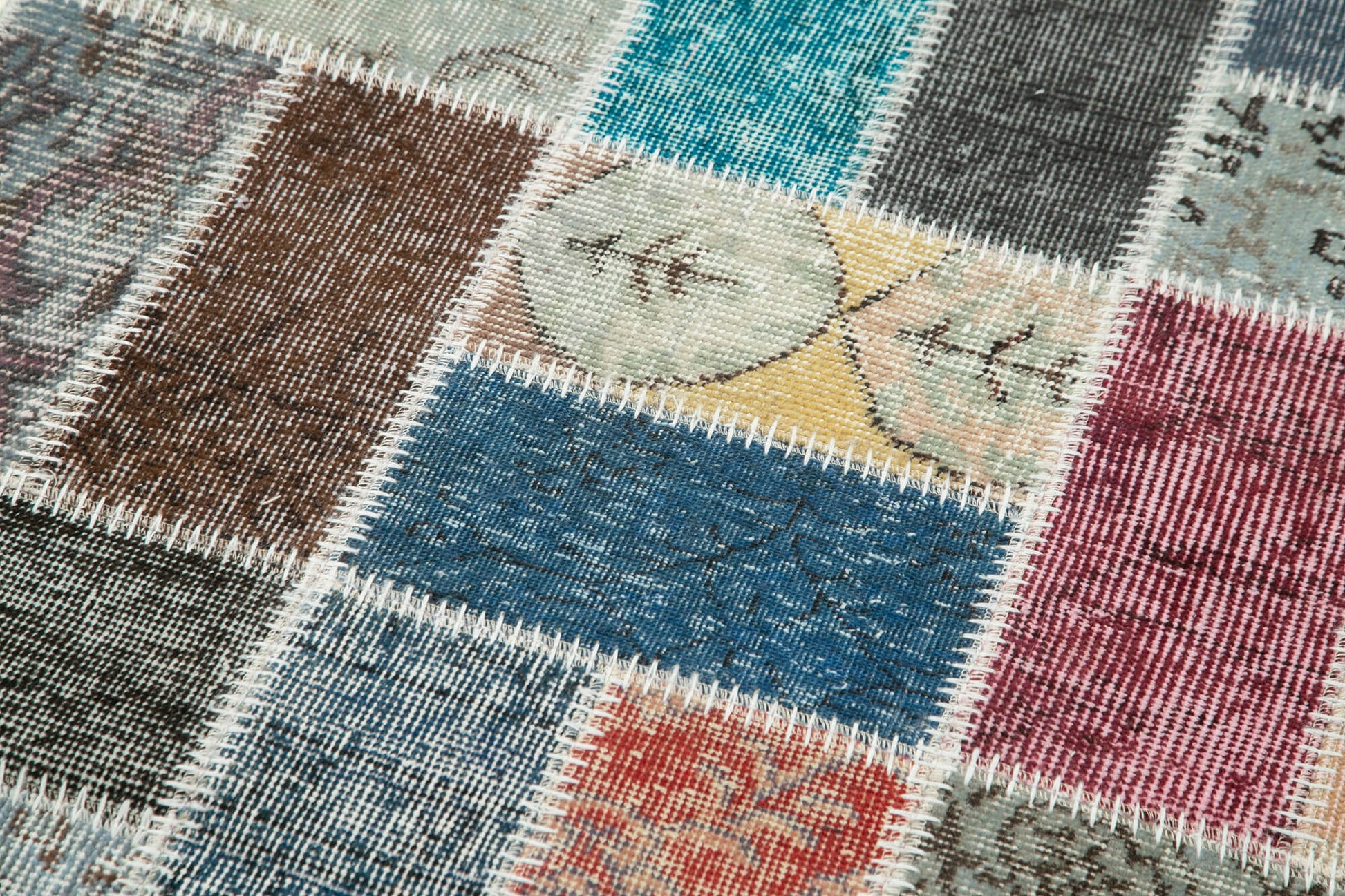 Kırk Yama Mavi Patchwork Pamuk Yün El Dokuma Halısı 88x298 Agacan