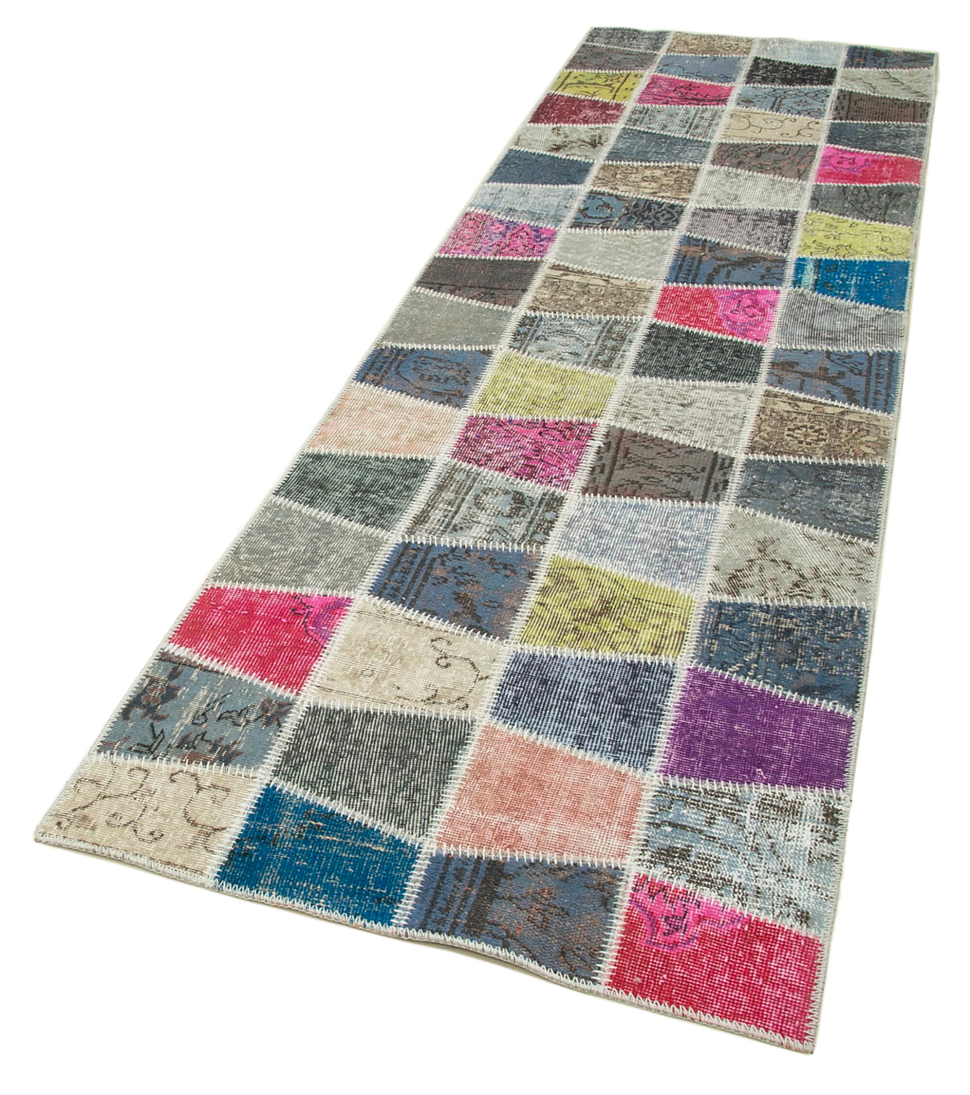 Kırk Yama Mavi Patchwork Pamuk Yün El Dokuma Halısı 89x307 Agacan