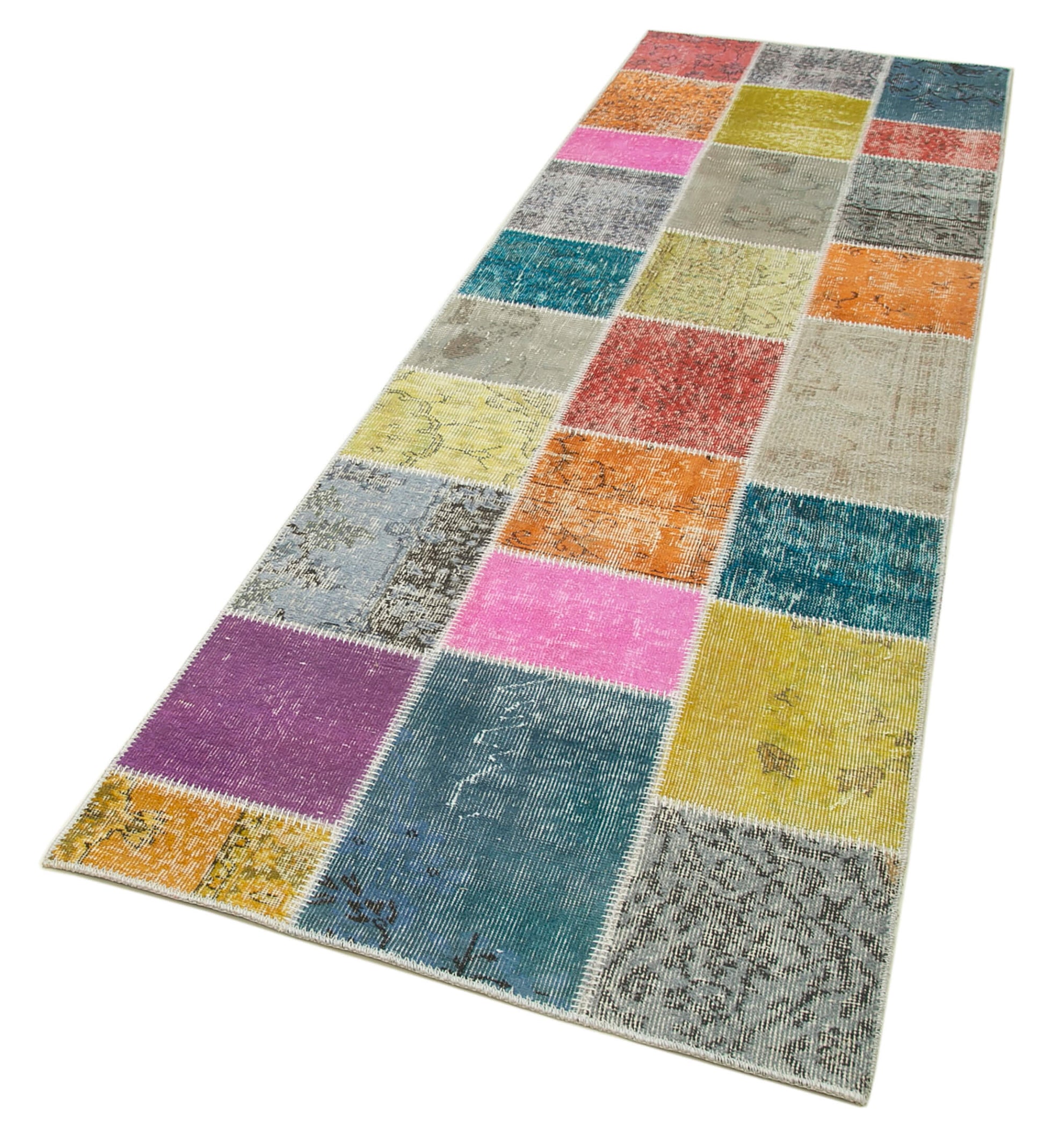 Kırk Yama Mavi Patchwork Pamuk Yün El Dokuma Halısı 92x301 Agacan