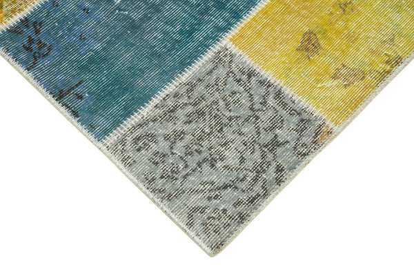 Kırk Yama Mavi Patchwork Pamuk Yün El Dokuma Halısı 92x301 Agacan