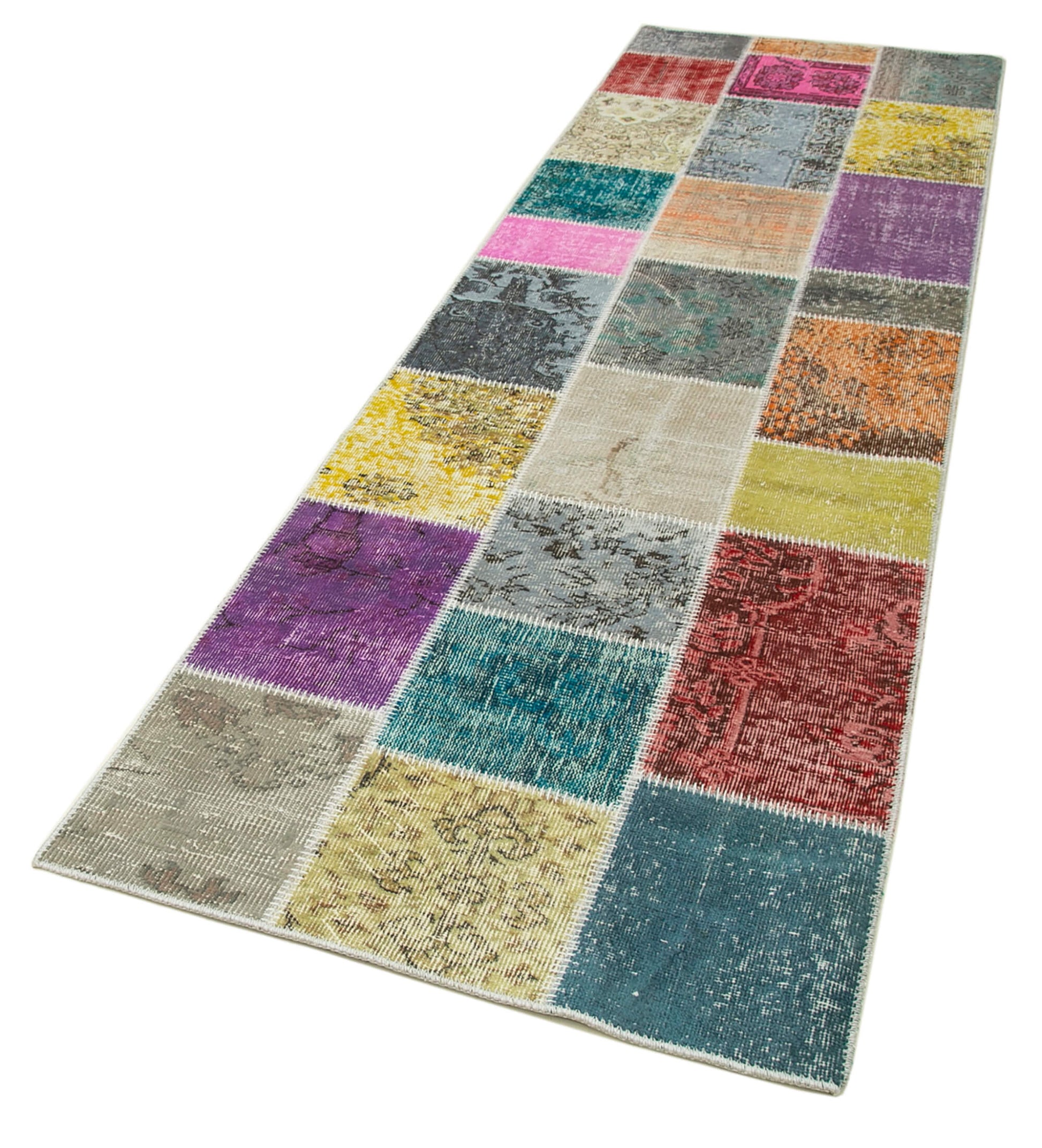 Kırk Yama Mavi Patchwork Pamuk Yün El Dokuma Halısı 91x300 Agacan