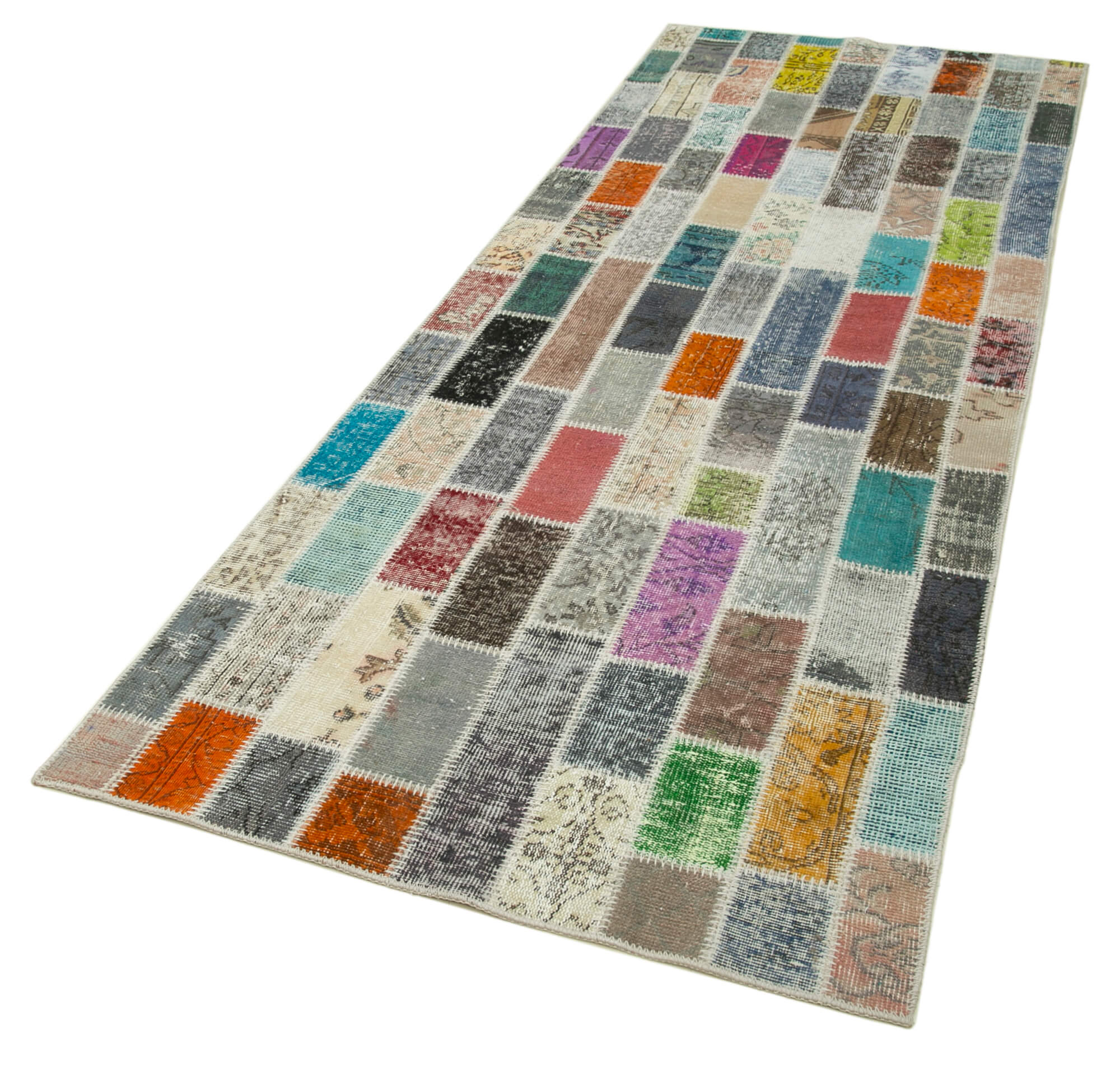 Kırk Yama Mavi Patchwork Pamuk Yün El Dokuma Halısı 106x301 Agacan