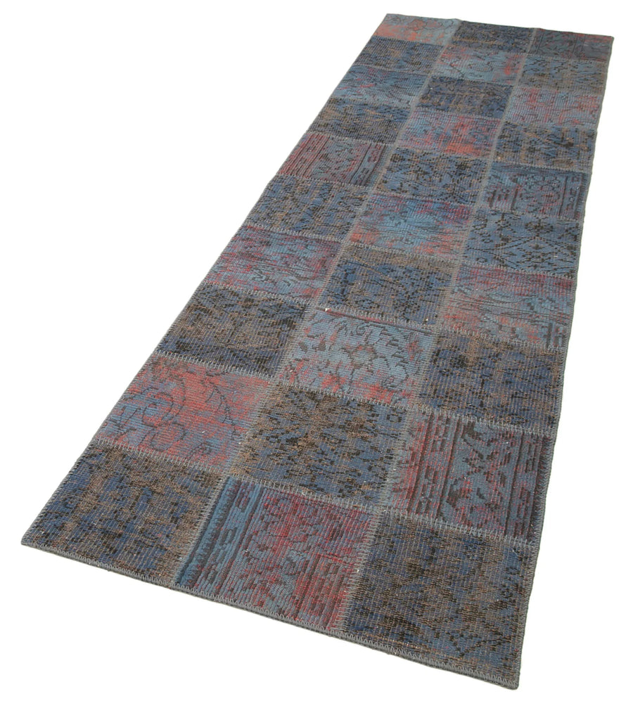 Kırk Yama Mavi Patchwork Pamuk Yün El Dokuma Halısı 88x298 Agacan