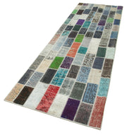 Kırk Yama Mavi Patchwork Pamuk Yün El Dokuma Halısı 95x318 Agacan