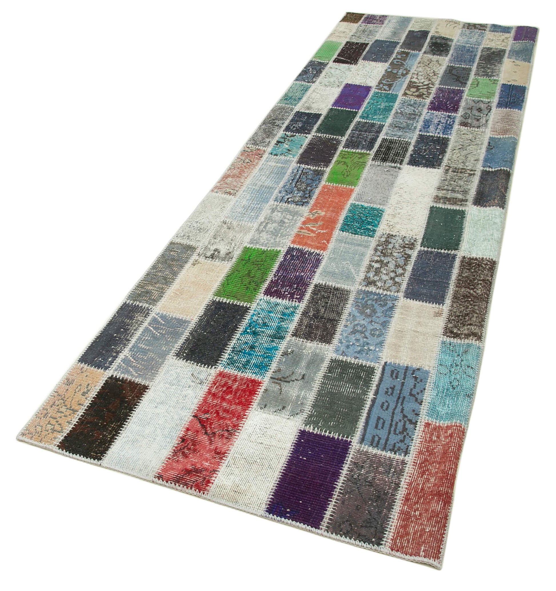 Kırk Yama Mavi Patchwork Pamuk Yün El Dokuma Halısı 95x318 Agacan